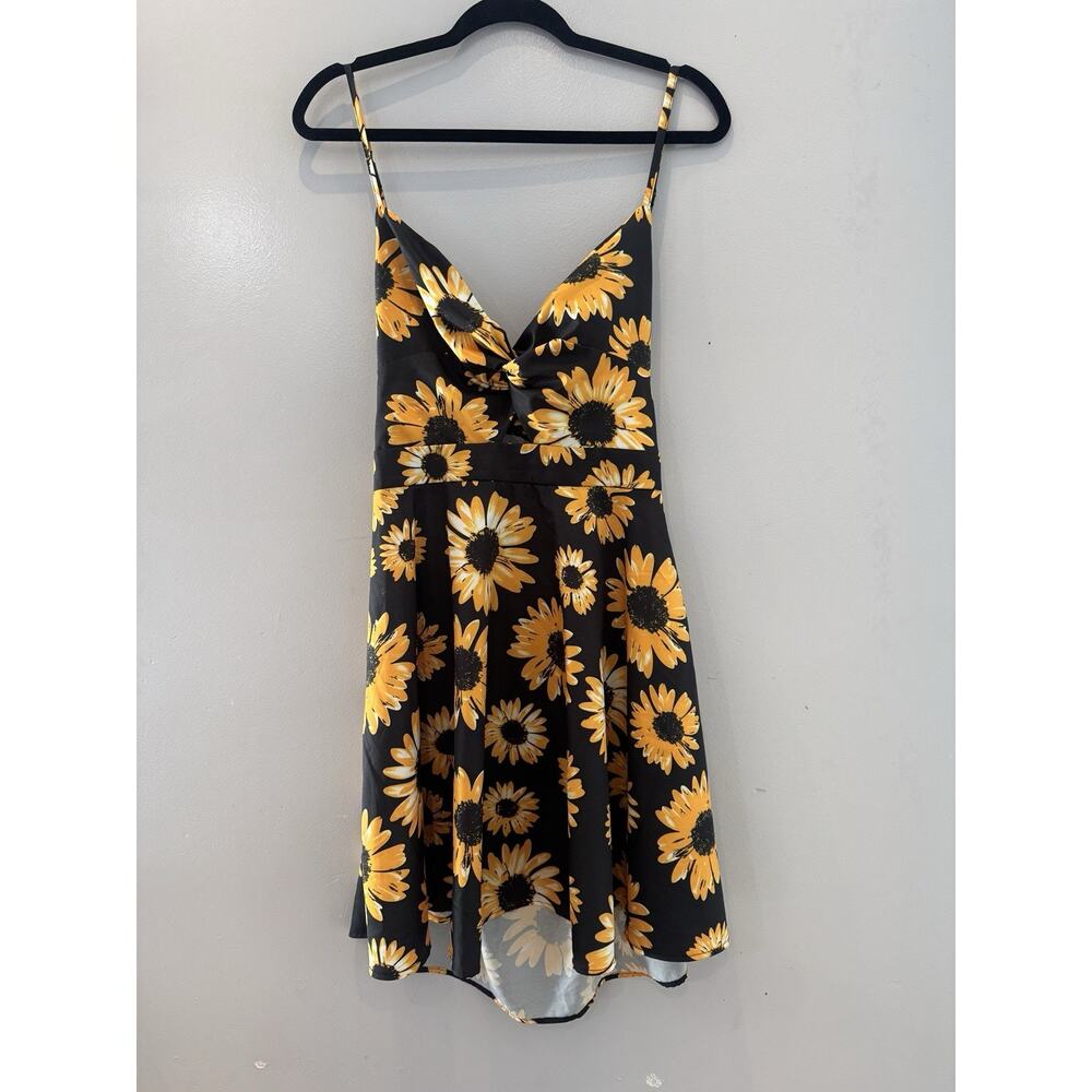 SHEIN Sunflower Floral Mini Dress Womens XL Black Yellow Tie Back Spaghetti Strp